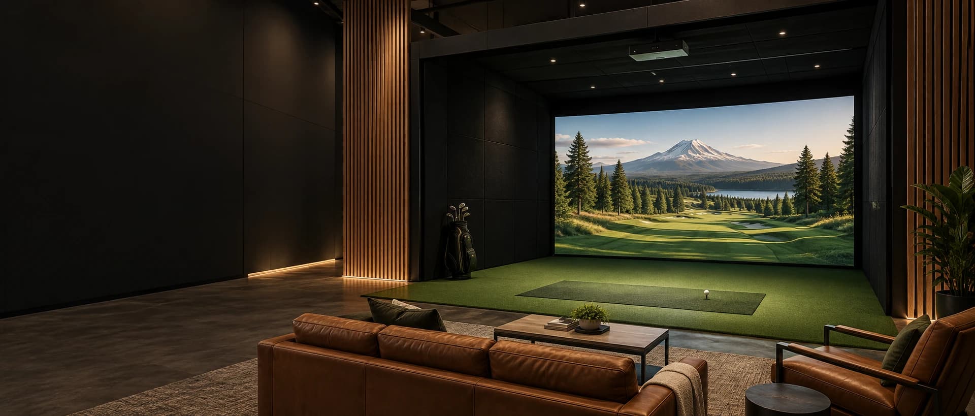 AI-generated concept of The Mountain Golf Club: a private indoor simulator bay with walnut finishes and a mountain course on the screen