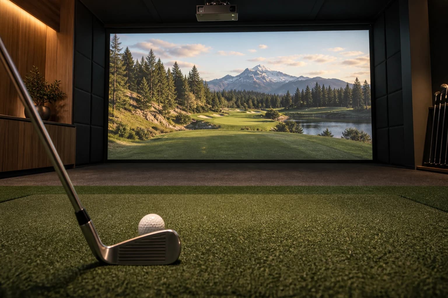 AI-generated concept of a private indoor golf bay with a ball, iron, green turf, and a projected course
